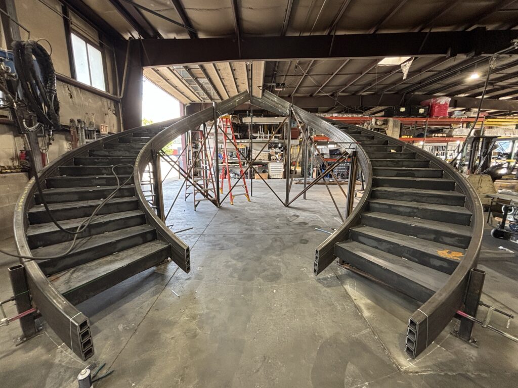 Hillsdale Library Central Staircase being manufactured in Compass Ironworks faciliity.