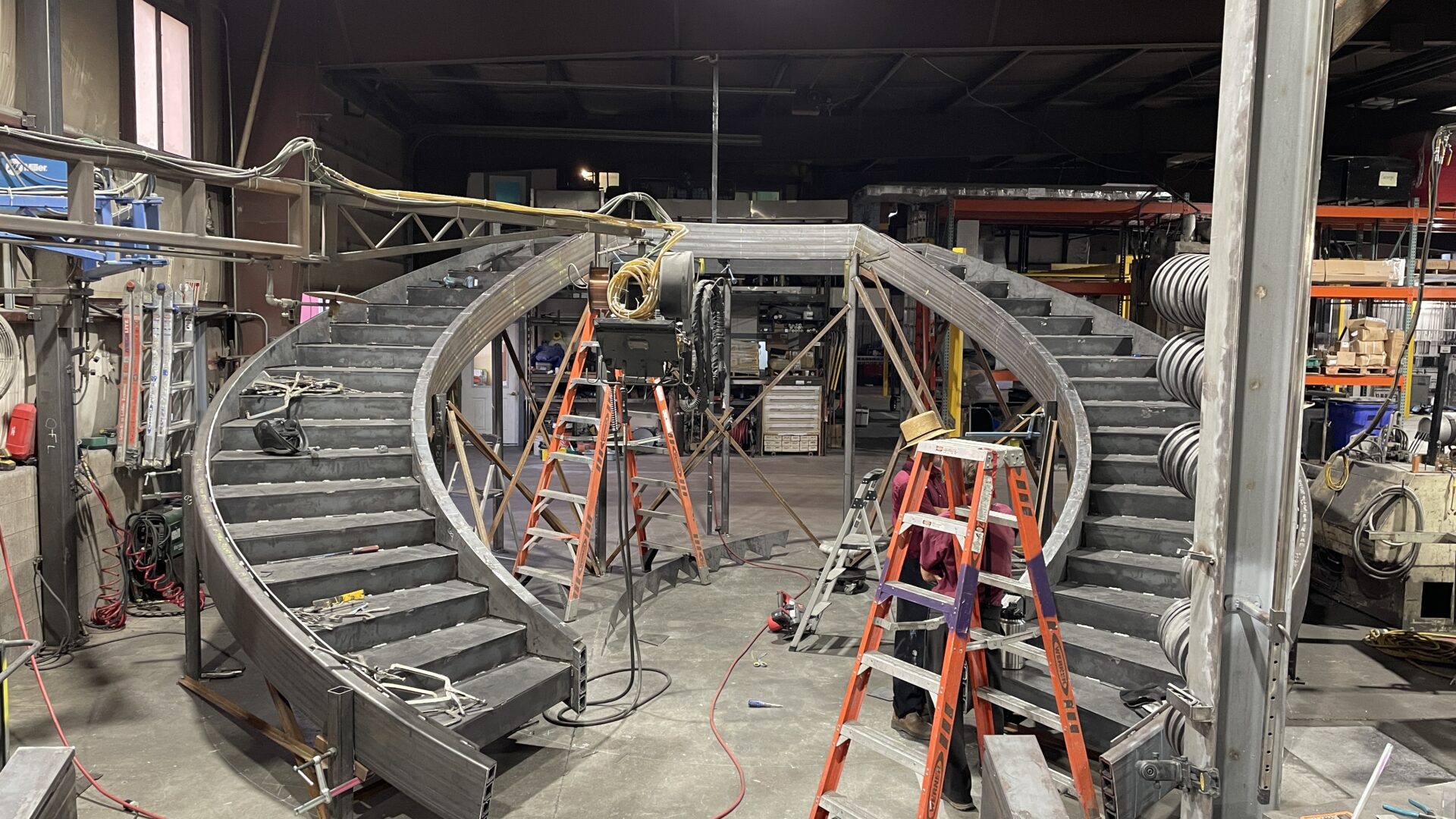Hillsdale Library Central Staircase being manufactured in Compass Ironworks faciliity.